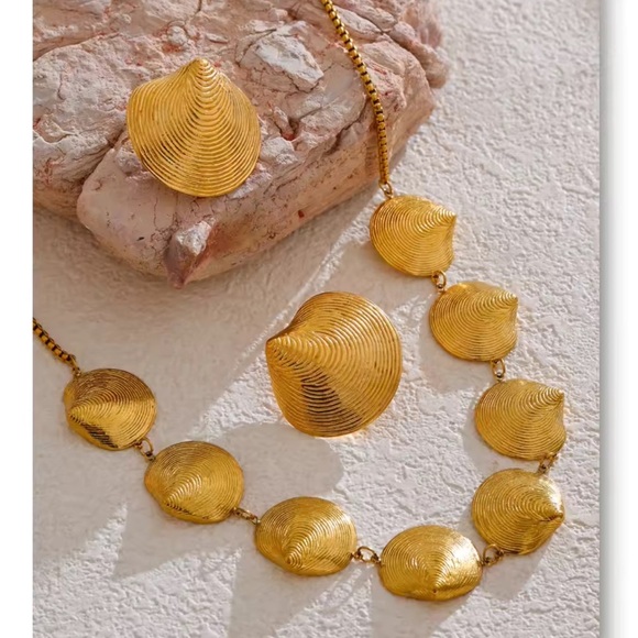 Gold Textured Bead Statement Necklace & Earring Set – Stainless Steel - Picture 8 of 17